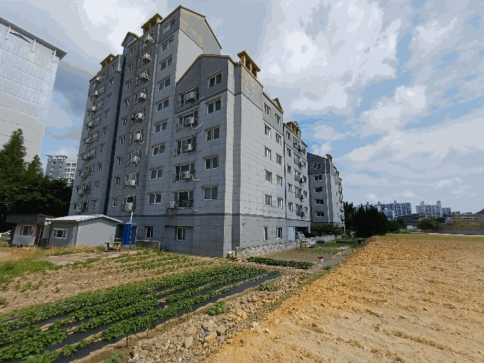 남동측에서 본 아파트 전경, 주위상황